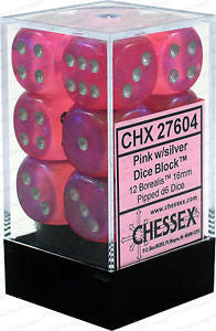 D6 Dice Borealis 16mm Pink/Silver (12 Dice in Display)