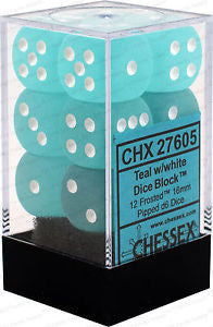 D6 Dice Frosted 16mm Teal/White (12 Dice in Display)