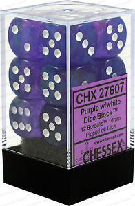 D6 Dice Borealis 16mm Purple/White (12 Dice in Display)