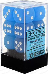 D6 Dice Frosted 16mm Caribbean Blue/White (12 Dice in Display)