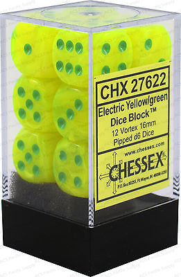 D6 Dice Vortex 16mm Bright Electric/Yellowgreen (12 Dice in Display)