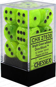 D6 Dice Vortex 16mm Bright Green/Black (12 Dice in Display)