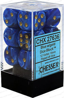 D6 Dice Vortex 16mm Blue/Gold (12 Dice in Display)