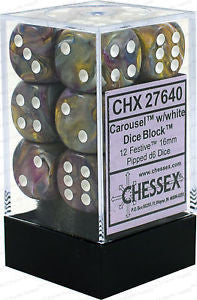 D6 Dice Festive 16mm Carousel/White (12 Dice in Display)