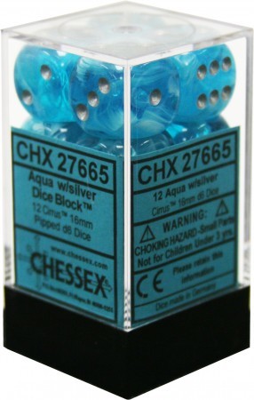 D6 Dice Cirrus 16mm Aqua/Silver (12 Dice in Display)