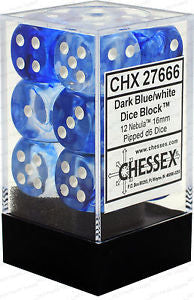 CHX 27666 D6 Dice Nebula 16mm Dark Blue/White (12 Dice in Display)