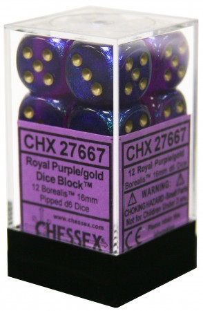 D6 Dice Borealis 16mm Royal Purple/Gold (12 Dice in Display)