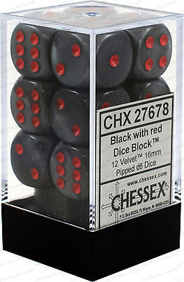 D6 Dice Velvet 16mm Black/Red (12 Dice in Display)