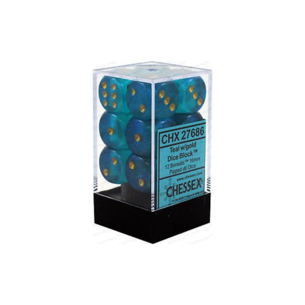 CHX 27686 Borealis #2 16mm d6 Teal/Gold Block (12)