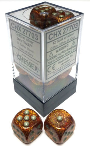 D6 Dice Glitter 16mm Gold/Silver (12 Dice in Display)