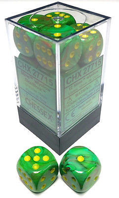 D6 Dice Vortex 16mm Slime/Yellow (12 Dice in Display)