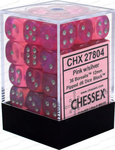 CHX 27804 D6 Dice Borealis 12mm Pink/Silver (36 Dice in Display)