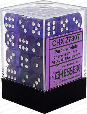 CHX 27807 D6 Dice Borealis 12mm Purple/White (36 Dice in Display)