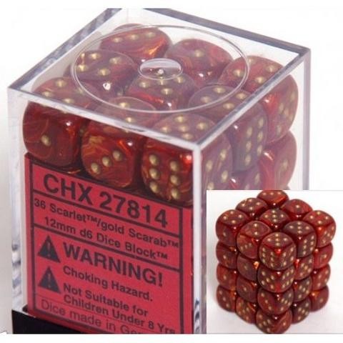 D6 Dice Scarab 12mm Scarlet/Gold (36 Dice in Display)