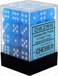 D6 Dice Frosted 12mm Caribbean Blue/White (36 Dice in Display)