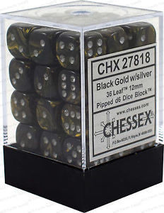 D6 Dice Leaf 12mm Black Gold/Silver (36 Dice in Display)