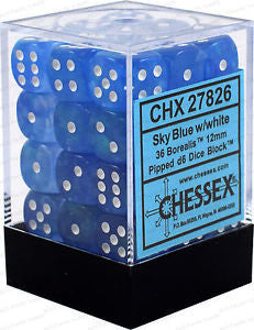 CHX 27826 D6 Dice Borealis 12mm Sky Blue/White (36 Dice in Display)