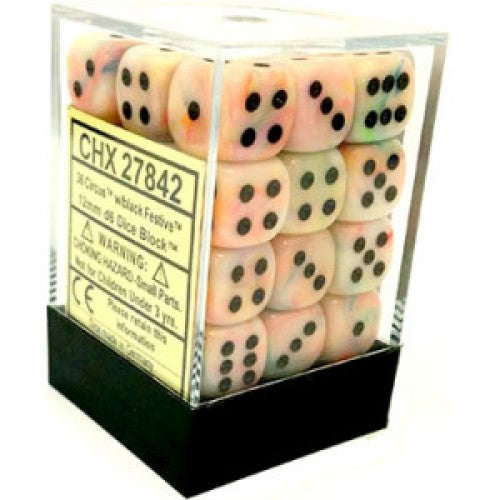 D6 Dice Festive 12mm Circus/Black (36 Dice in Display)