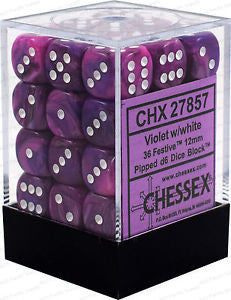 D6 Dice Festive 12mm Violet/White (36 Dice in Display)