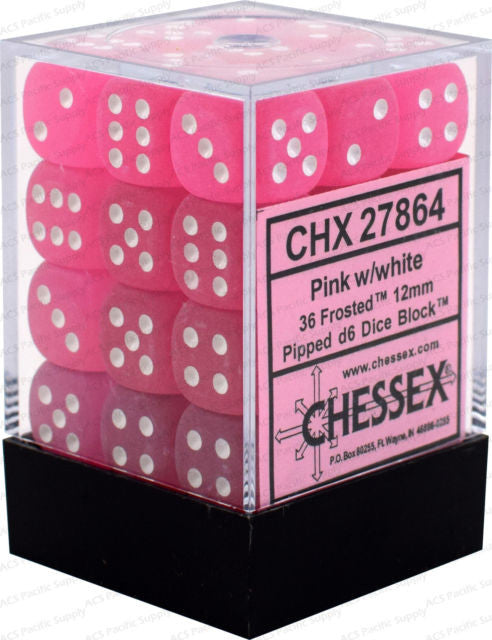 D6 Dice Frosted 12mm Pink/White (36 Dice in Display)