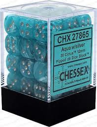 D6 Dice Cirrus 12mm Aqua/Silver (36 Dice in Display)