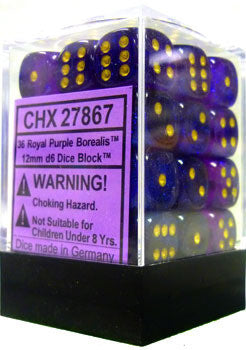 CHX 27867 D6 Dice Borealis 12mm Royal Purple/Gold (36 Dice in Display)