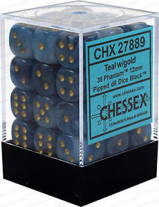 D6 Dice Phantom 12mm Teal/Gold (36 Dice in Display)