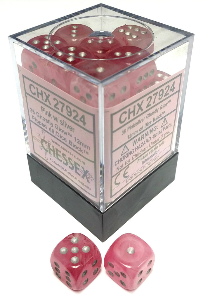 D6 Dice Ghostly Glow 12mm Pink/Silver (36 Dice in Display)