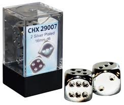 D6 Dice Silver Metallic 16mm (2 Dice in Display)