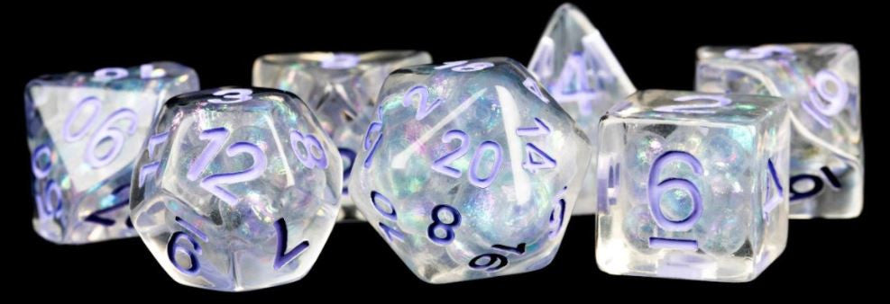 MDG Resin Polyhedral Dice Set 16mm - Pearl with Purple Numbers