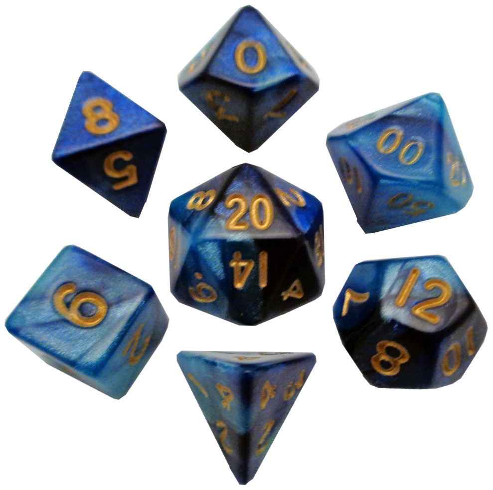 MDG Mini Polyhedral Dice Set Gold Numbers- Dark Blue/Light Blue - 422