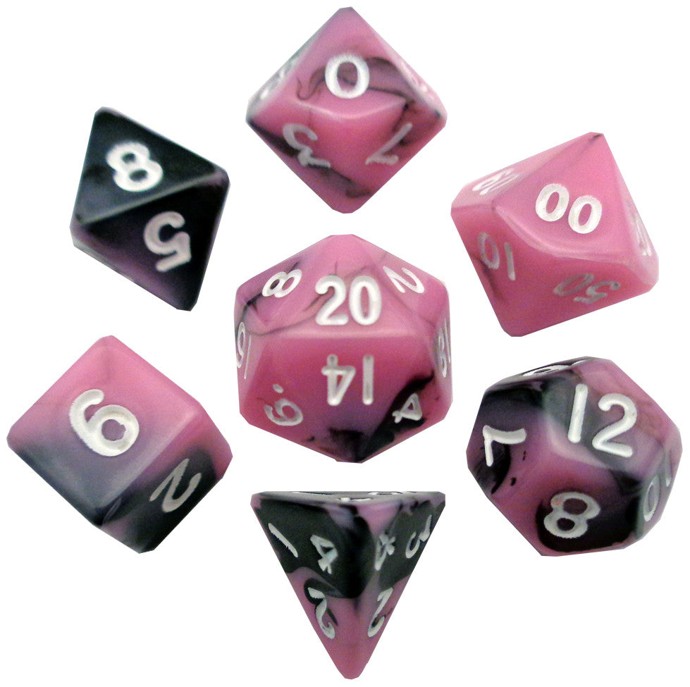 MDG Mini Polyhedral Dice Set White Numbers- Pink/Black - 473