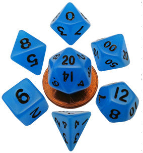 MDG Mini Glow in the Dark Polyhedral Dice Set Black Numbers- Glow Blue