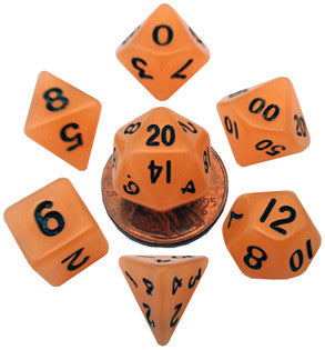 MDG Mini Glow in the Dark Polyhedral Dice Set Black Numbers- Glow Orange