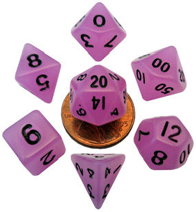 MDG Mini Glow in the Dark Polyhedral Dice Set Black Numbers- Glow Purple