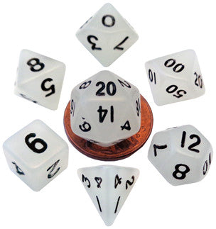 MDG Mini Glow in the Dark Polyhedral Dice Set Black Numbers- Glow Clear