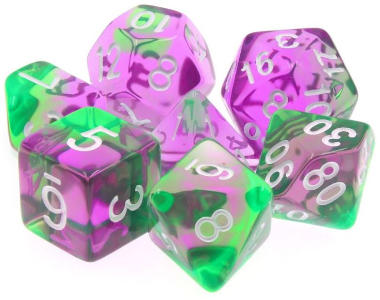 TMG RPG Dice - Faerie Fire Violet/Green Swirl Translucent 16mm (set of 7)