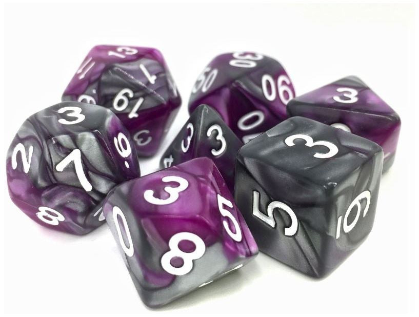 TMG RPG Dice - Kings Purser Purple/Silver Fusion 16mm (set of 7)