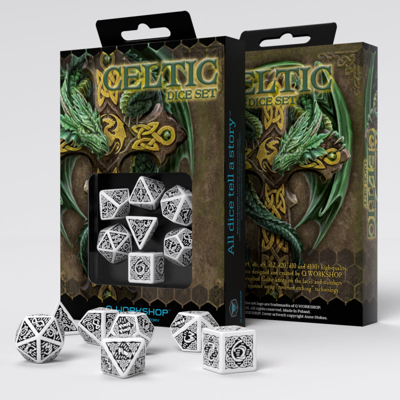 Q Workshop Celtic 3D White & Black Revised Dice Set 7