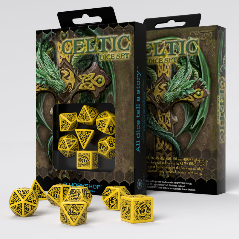 Q Workshop Celtic 3D Yellow & Black Revised Dice Set 7