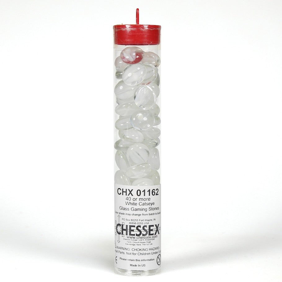 CHX 01162 White Catseye Glass Stones 20+ in 5 1/2 inch Tube