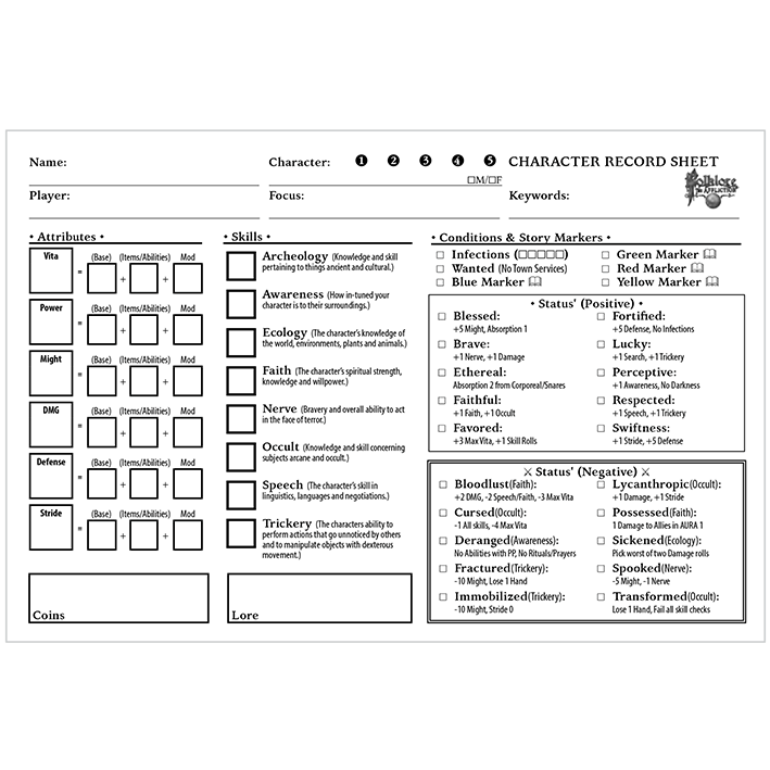 Folklore The Affliction Character Record Pad