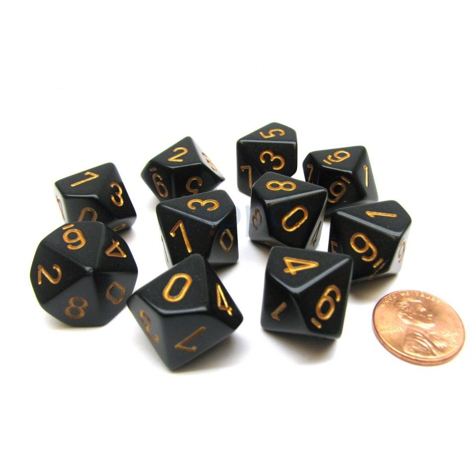 CHX 25228 Opaque Black/gold Set of Ten d10s