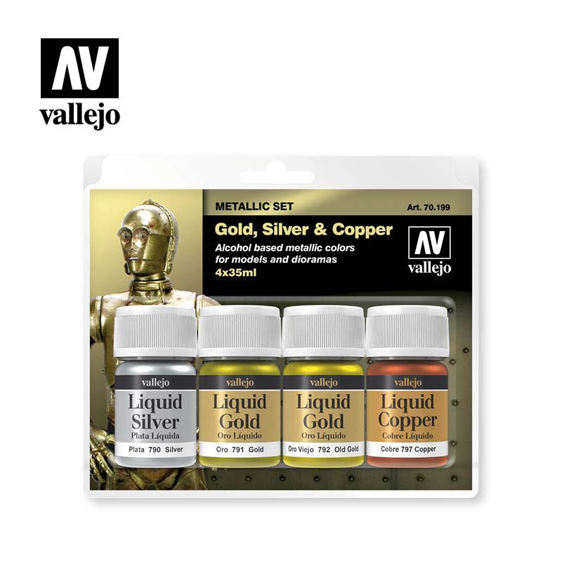 Vallejo Metallic Effects Gold, Silver, Old Gold & Copper (4) 35ml