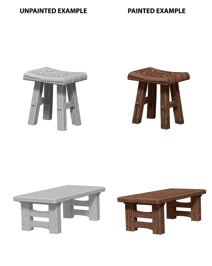 WizKids Deep Cuts Unpainted Miniatures Wooden Table & Stools